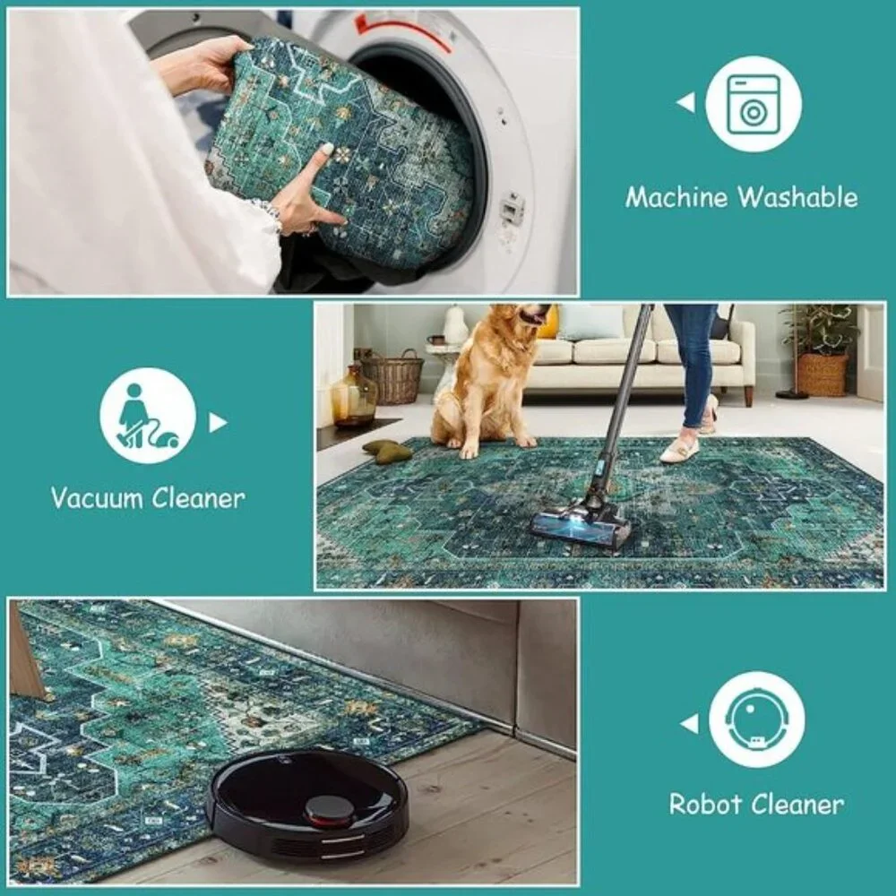 Ultra-Thin 4ft Round Rug, Washable Teal Oriental Carpet for Home & Room Decor